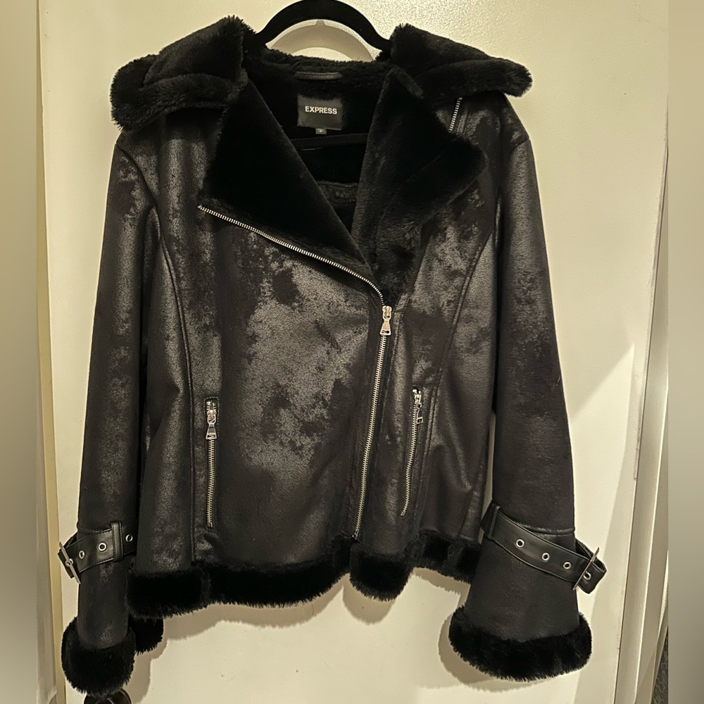 Express Black Leather Jacket with Faux Fur Trim